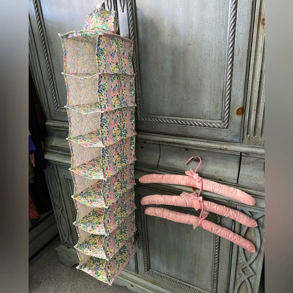 3 pink padded hangers & 1 closet “shoe” caddy (holds 8 pr of shoes, or whatever)